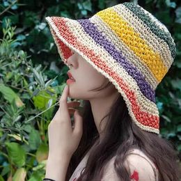 Stingy Brim Hats Rainbow Color Womens Straw Hats Straw Hat Panamas UV Protection Sun Visor Beach Hats Women Visors Foldable Female Summer Sun Hat 230411