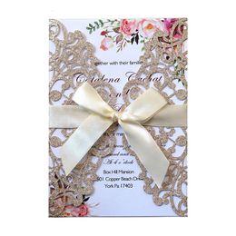 Greeting Cards 50pcs Laser Cut Wedding Invitation Card Glitter Paper With Ribbon Customized Decoration Party Supplies 230411