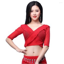 Stage Wear Red Lady Belly Dance Clothes Women Sexy Top Front Cross Crop Halter Deep V Neck Bellydance T Shirt Dancing Elastic Tops