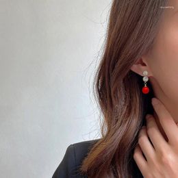 Dangle Earrings Korean Fashion Rhinestone Long Pearl Pendant Earring Red White Temperament Zircon Stud Women Jewellery Bride Wedding Gift