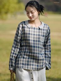 Women's T Shirts Johnature Women Vintage Plaid Linen T-Shirts Loose Spring Long Sleeve Tees 2023 Casual Clothes Soft Female