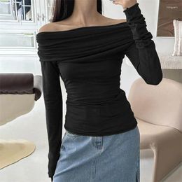 Women's T Shirts Xingqing Off Shoulder Top Y2k Clothing Women Sexy Solid Color Long Sleeve Ruched Shirt Pleated Tee 2000s Clothes Clubwear