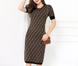 Women Casual Dresses Retro letter slim temperament celeb thin elastic mid-length cardigan knitted short-sleeved dress