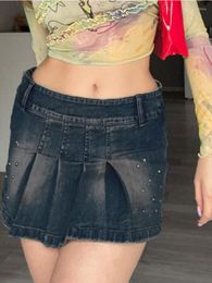 Skirts Y2K Low Waist Jean E-girl Aesthetics Black Denim Pleated Harajuku Belted Sashes Ruffles Punk Outfits A-line Skirt