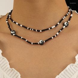 Pendant Necklaces Fashion Black White Bead Choker Collar For Women Men Yin Yang Taichi Multilayer Necklace Punk Hip Hop Neck Chain Jewellery