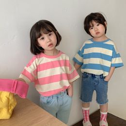 T-shirts Summer Korean Style Children's Cute Cotton Stripe T-shirt Boys and Girls Short Sleeve Full Matching T-shirt Children's Clothing 230412