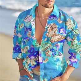 Men's Casual Shirts Colorful Butterfly Print Long Sleeve Shirt Autumn Fashion Hawaiian For Men Loose Oversize Clothing