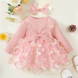 Girl Dresses 0-2 Years Little Princess Dress Clothing Baby Long Sleeve Fashion Bow Mesh Children Daily Holiday Clothes