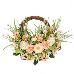 Decorative Flowers Artificial Rose Cherry Blossom Green Leaves Wreath 15.7 Inch For Front Door Hangings Wall And Window Decor