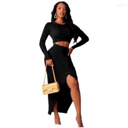 Work Dresses European 2 Piece Skirt Suit Women Full Sleeve Crop Top And Sexy Design Fashion Lady Two Set ML5087