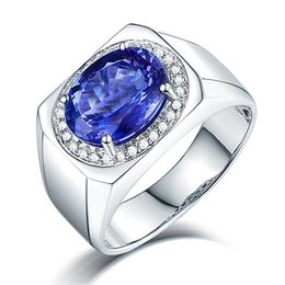 Cluster Rings Fashion Blue Crystal Sapphire Gemstones Diamonds Bague For Men White Gold Silver Color Jewelry Bijoux Party Accessory Gift