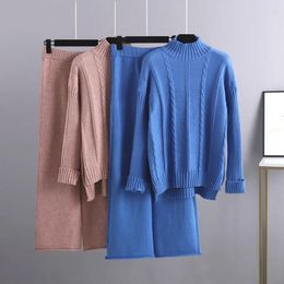 Women's Two Piece Pants Woman Thick Knitted Pieces Sets Female Warm Half Turtleneck Pullover Sweaters And Wide Leg Sweater Suits G598