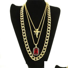 Pendant Necklaces Mens Hip Hop Necklace Ruby Fashion Cuban Link Chain Jewellery 3Pcs/Set Drop Delivery Pendants Dhgarden Otaah