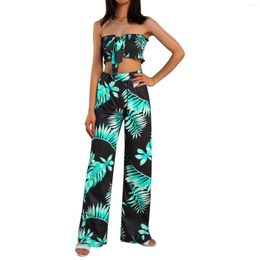 Women's Two Piece Pants Women Two-piece Clothes Set Leaves Printed Pattern Boat Neck Strapless Bow Knot Tube Crop Tops And Wide Leg Long