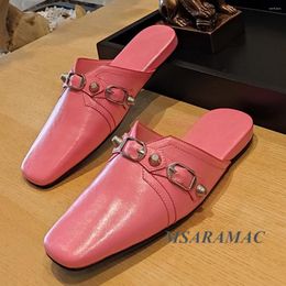 Slippers Retro Pink Leather Metal Rivet Buckle Belt Decorative Mules Square Toe Large Size Outdoor Summer Women's Flat