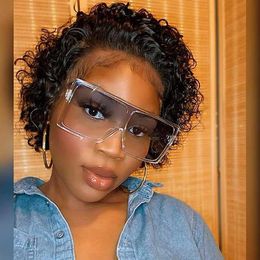 Hair Wigs Pixie Cut Short Bob Kinky Curly Human Ombre Transparent Lace Frontal 150% Remy Bouncy Deep Wave 230412