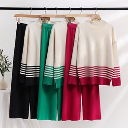 Women's Two Piece Pants New Autumn Winter Knitted Wide Leg Sweater Pants Set Casual Stand Collar Contrast Color Striped Thick Loose Two Piece Set Women 2024