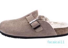 Winter Shoe Faux Cow Suede Leather Mule s Cork Slippers Long Plush Warm Closed Toe Buckle Indoor Outdoor Home