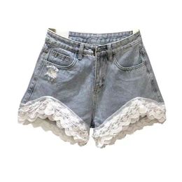 Women's Shorts Kawaii lace denim shorts for women's Harajuku cute pants Street clothing aesthetics Y2k accessories Summer clothing Korean fashion 230412