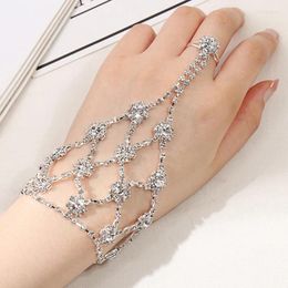 Charm Bracelets Creative Link Chain Bracelet Connected Finger Ring Bangle Rhinestone For Women Linked Hand Harness Couple Jewelry Gift