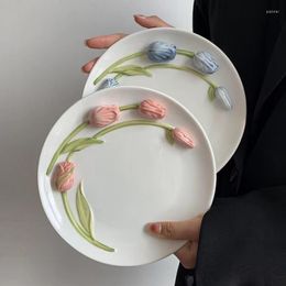 Bowls Relief Three-dimensional Tulip Tableware Ceramic Bowl Plate Cutlery Dessert Salad Coffee Mug Retro Flower Dinner Set