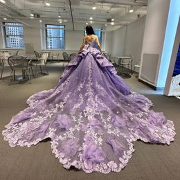 Mexico Lavender Off The Shoulder Ball Gown Quinceanera Dress For Girl Beaded Applique 3DFlowers Birthday Party Gowns Prom Dresses Sweet 16