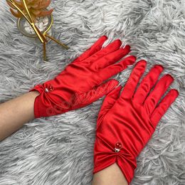 Women Satin Short Sexy Gloves Sunscreen Summer Anti-UV Elastic Thin Mittens Full Finger Pearl Gloves Mittens