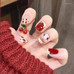 False Nails 24PCS Cow Pattern Girls Sweet Style Short Press On Wearable Finished Nail Piece With Glue