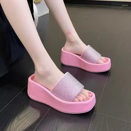 Slippers Muffin Bottom Rhinestone Heightening Women's Summer Square-toe Open-toe One-word Thick-soled Shoes Large43