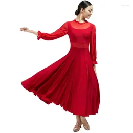 Stage Wear Ballroom Dance Dress For Adult Women Female Long Mesh Puff Sleeve Waltz Foxtrot Performance Dancewear