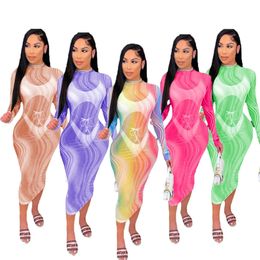 2023 Women Personalized Rainbow Print Long sleeves Sleeve Tight Wrapped Hip Skirt Sexy Perspective Mesh maxi Dress