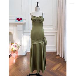 Casual Dresses Olive Green Spaghetti Strap Cross V Neck Backless Sash Bow Ankle Length Tight Fitted Maxi Mermaid Dress Woman Ceremony Party