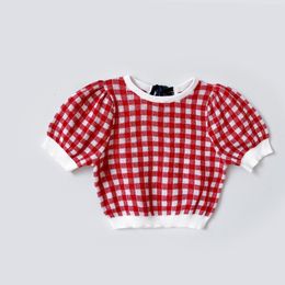 Tshirts Baby Girls Red Grid Knit Tshirt ONeck Short Puff Sleeve Summer Autumn Thin Bow Bottom T Shirt Princess Toddler Kids Tops 230412