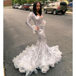 Party Dresses Bling Silver Mermaid Long Sleeves Ruffles African Prom 2023 V Neck Plus Size Graduation Gala Dress CP789