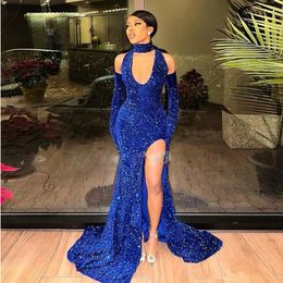 Modern Royal Blue Sequin Mermaid Prom Dresses 2023 Deep V Neck Side Split Graduation Gowns With Removeable Sleeves Black Girls Special Ocn Dress 322