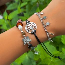 Link Bracelets 3pcs/set Ethnic Mushroom Butterfly Bracelet Tree Of Life Black Leather Rope Set Retro Irregular Wrist Jewelry Gift