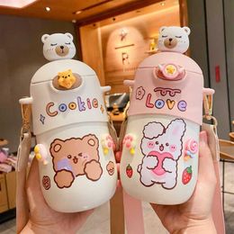 500 ML Kawaii Bear Thermos Bottle Cute Kids Straw Water Bottle Insulated Stainless Steel Student Girls Thermal Drink Bottles 21101221Y