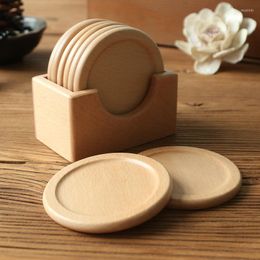 Table Mats Round Natural Beech Dark Walnut Cup Mat Set Of 7 Pieces Home Kitchen Tabletop Wooden Placement Pad 6 Dish Plus 1 Storage Holder