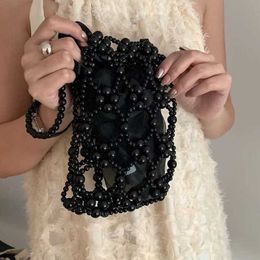 Fashion Hollow Pearls Beaded Women Shoulder Bags Handmade Woven Lady Handbags Sweet Summer Bucket Bag Small Female Purses 2023 230412