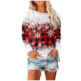Women's T Shirts 2023 Christmas Snowflake And Plaid Autumn Winter Printed Long-sleeved Round Neck Pullover Large Size Sweatshirt