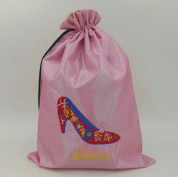 Big Embroidery High heels Shoe Pouch Bags for Travel Shoe Storage Bag Portable Chinese Silk Drawstring Women-Shoe dust-Bags with lined ss0412