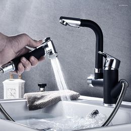 Bathroom Sink Faucets Basin Faucet Fashion Brass Black Pull Out Shower Head 360Rotation Mixer Taps &Cold