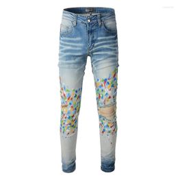 Men's Jeans Men's Light Blue Streetwear Fashion Style Slim Fit Painted Skinny Stretch Graffiti Destroyed Holes