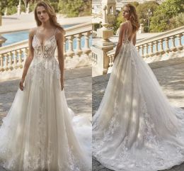 Romantic Lace Tulle Wedding Dresses Sexy Backless A Line Spaghetti Straps Appliques Ruffles Long Bridal Gowns Summer Boho Vestidos new BC15729