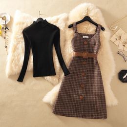 Two Piece Dress Streetwear Two Piece Dress Women Autumn Winter Sweater Wool Knee-Length Spaghetti Strap With Belt Elegant Party Vestidos 231110