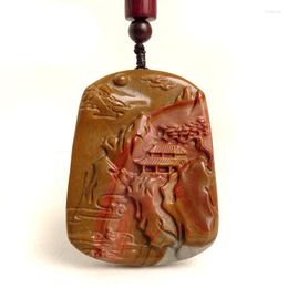 Pendant Necklaces Natural Picasso Jasper Gemstone Hand Carved Chinese Scenery Lucky Amulet Peace Mascot Necklace For Women Man Gifts BI375