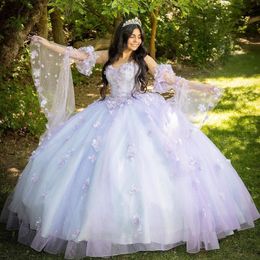 Sexy Sweetheart Quinceanera Dresses Ball Gown Off The Shoulder Long Sleeve Floral Appliques Lace Handmade Flowers Sweet 15 Party Wear