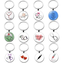 10 Pcs/Lot Custom Key Rings Glass Medical Hospital Symbol Stethoscope Syringe RN Keychain For Nurse Doctor Work Accessories