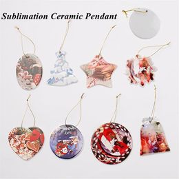 Sublimation Blanks Ornaments White Ceramic 3 Inch Round Heart Star Christmas Tree Porcelain Pendants with Gold String for Home Dec207b
