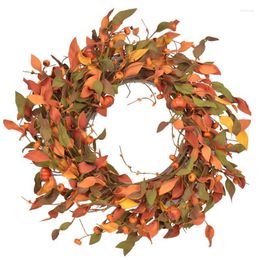 Decorative Flowers Halloween Wreath Pumpkin Decor 19.7 Inches Artificial Wreaths Leaves Berries Pumpkins Outdoor Hanging Ornament Party